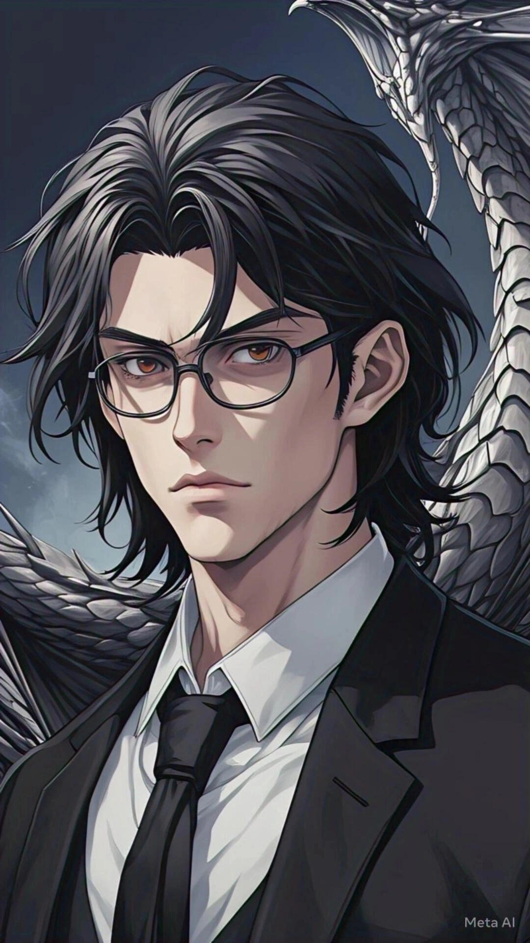 Digital illustration of a cybersecurity professional wearing a black suit and glasses, with a silver dragon in the background symbolizing strength, intelligence, and resilience.